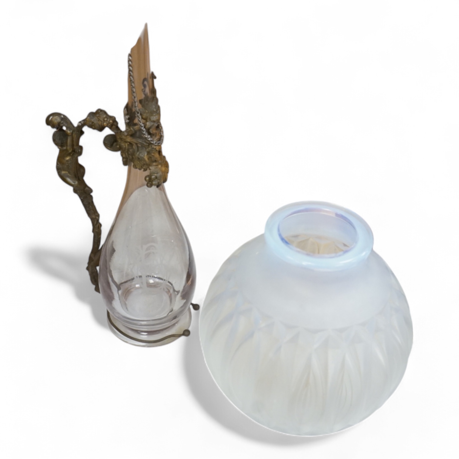A glass decanter with bronzed metal mount, and a Sabino opaline glass vase, decanter 36cm high